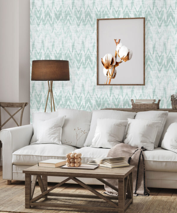 Peel and stick wallpaper of grassweave pattern in teal or turquoise on white.