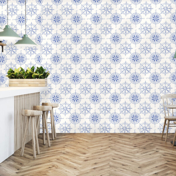 Peel and stick wallpaper of a ships wheel in blue and cream from wallpaper online Canada.