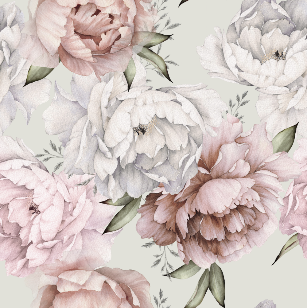 peel and stick wallpaper of peony flowers in watercolours of soft pinks and dusty pink, beige tones