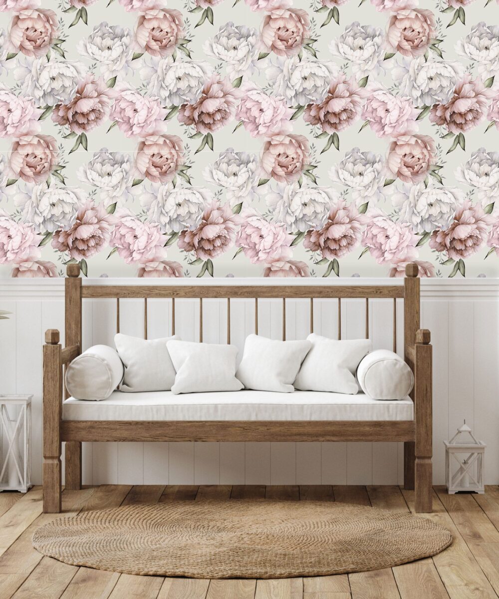 peel and stick wallpaper of peony flowers in watercolours of soft pinks and dusty pink, beige tones