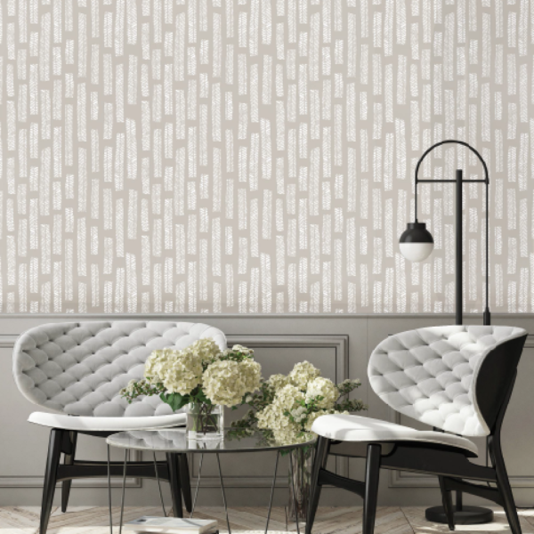peel and stick wallpaper of scandinavian leaf or feather pattern in white on beige
