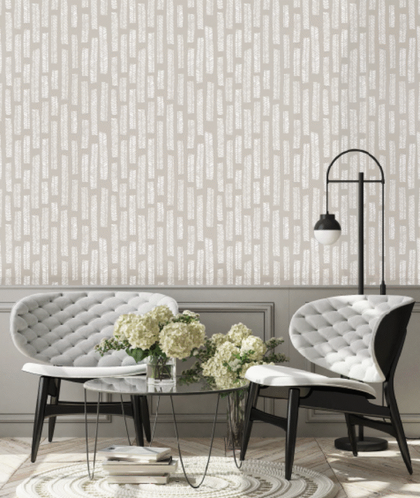 peel and stick wallpaper of scandinavian leaf or feather pattern in white on beige