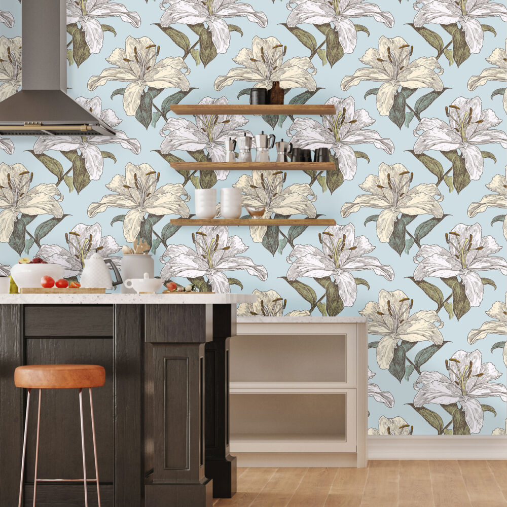 Peel and stick wallpaper of a cottage core style sketched hibiscus in white, cream light blue and green.