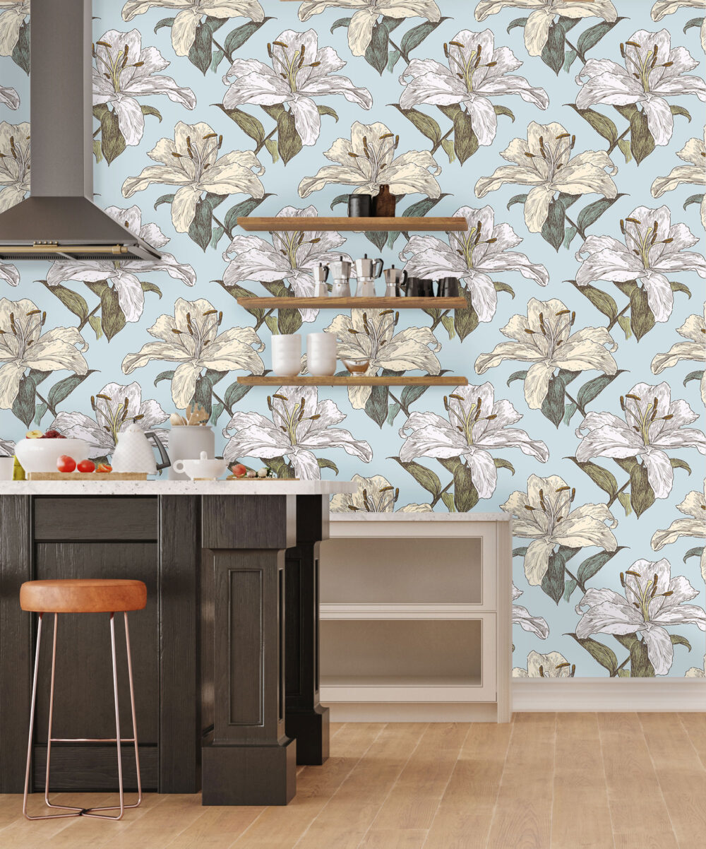 Peel and stick wallpaper of a cottage core style sketched hibiscus in white, cream light blue and green.