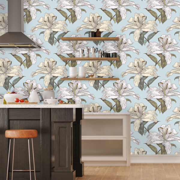 Peel and stick wallpaper of a cottage core style sketched hibiscus in white, cream light blue and green.