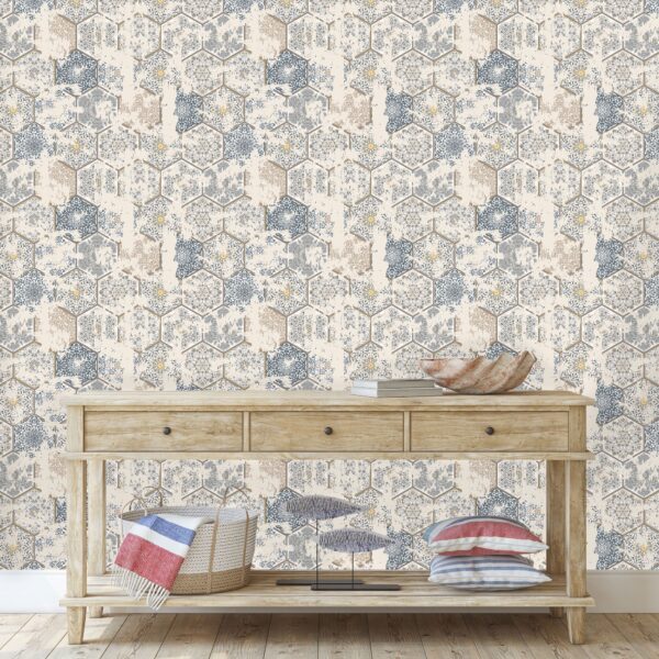 vintage tile hexagon wallpaper in beige and grey from Wallpaper Online Canadaa