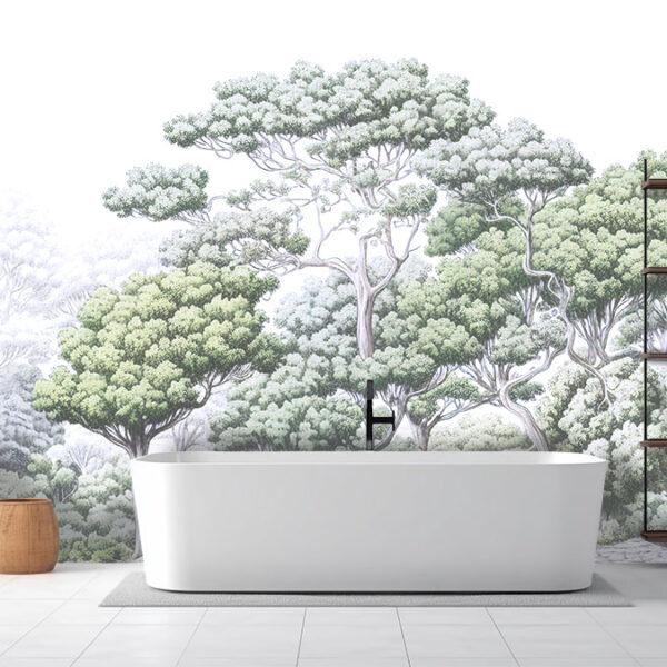 A light and bright artistic wallpaper of a forest. Wallpaper for sale from Wallpaper Online Canada