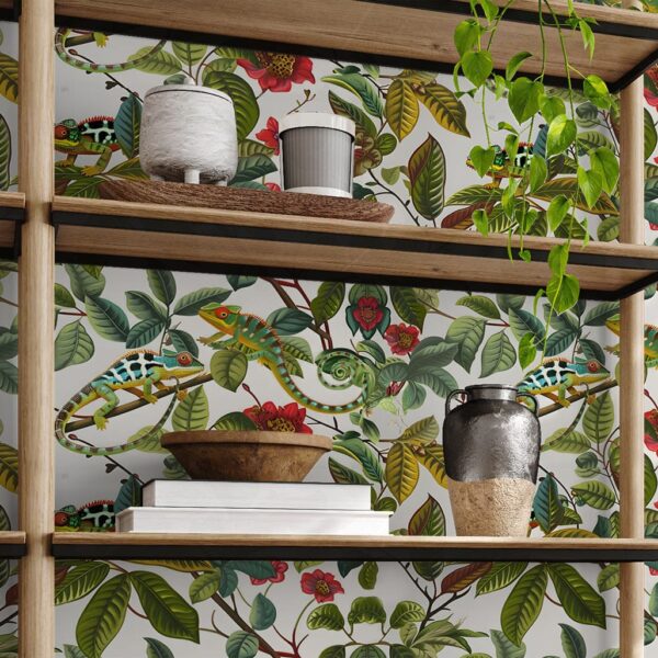 A green, grey, beige and red wallpaper of flowers intertwined with cheeky chameleons. Design available exclusively from Wallpaper Online Canada.