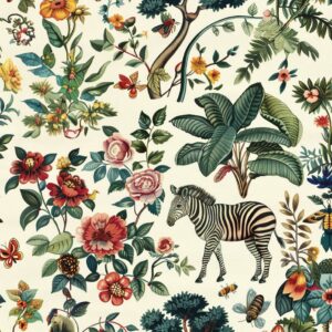 Artistic critters including bees and zebra cottage core style wallpaper from Wallpaper Online Canada