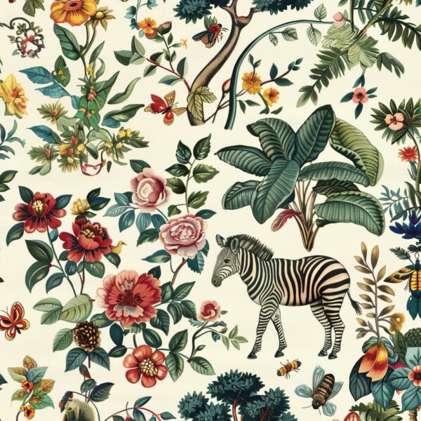 Artistic critters including bees and zebra cottage core style wallpaper from Wallpaper Online Canada