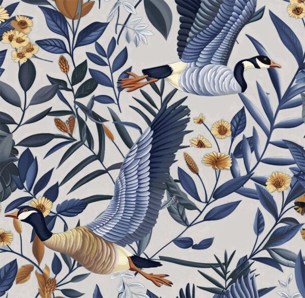 Blue and Beige wallpaper of Canadian geese in flight amongst yellow flowers wallpaper exclusively available from Wallpaper Online Canada