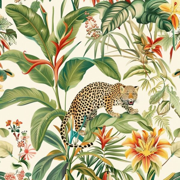 A crouching leopard amongst lush plants and flowers against a cream background wallpaper. Exclusively available from Wallpaper Online Canada