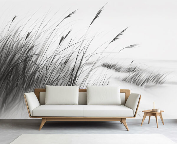 a wall mural of a charcoal sketch of reeds growing on the edge of the beach available from Wallpaper Online Canada