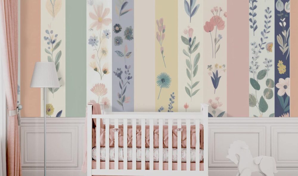 Pastel stripes with hand painted flowers wall mural from Wallpaper Online Canada