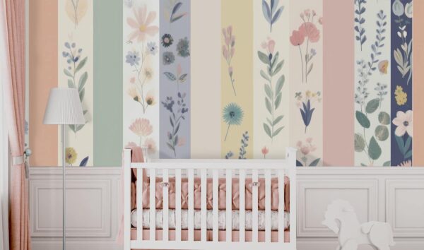 Pastel stripes with hand painted flowers wall mural from Wallpaper Online Canada