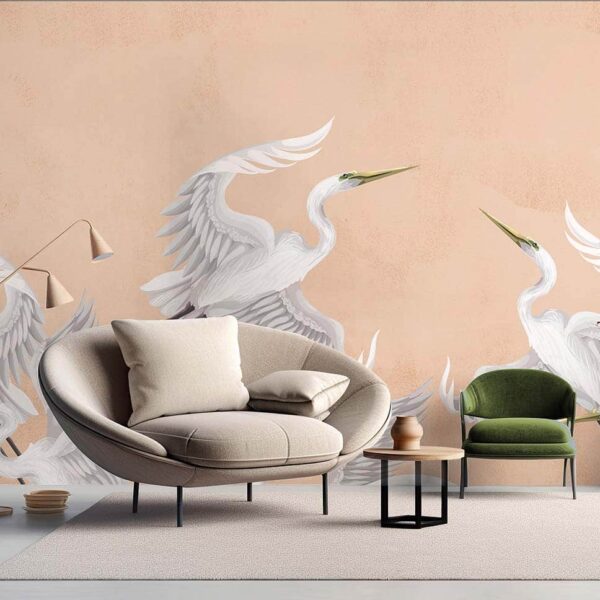 Taking flight peach fuzz heron wall mural from Wallpaper Online Canada