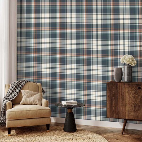Gray, blue, green charcoal and white plaid design wallpaper. Tartan wallpaper for sale from Wallpaper Online Canada