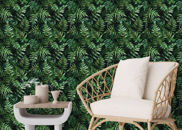 Wallpaper of ultra detailed fern leaves growing out of darkness creating a plant wall effect. Exclusively available from Wallpaper Online Canada