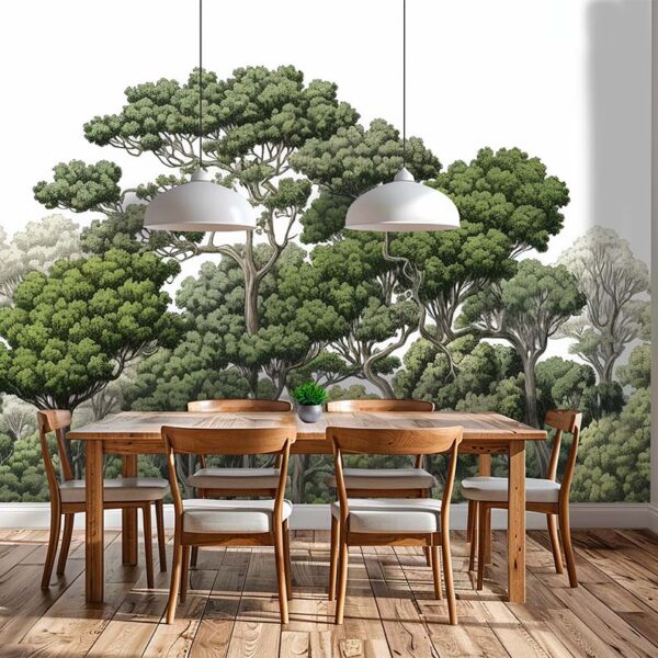 A vibrantly coloured artistic wallpaper of a forest. Wallpaper for sale from Wallpaper Online Canada