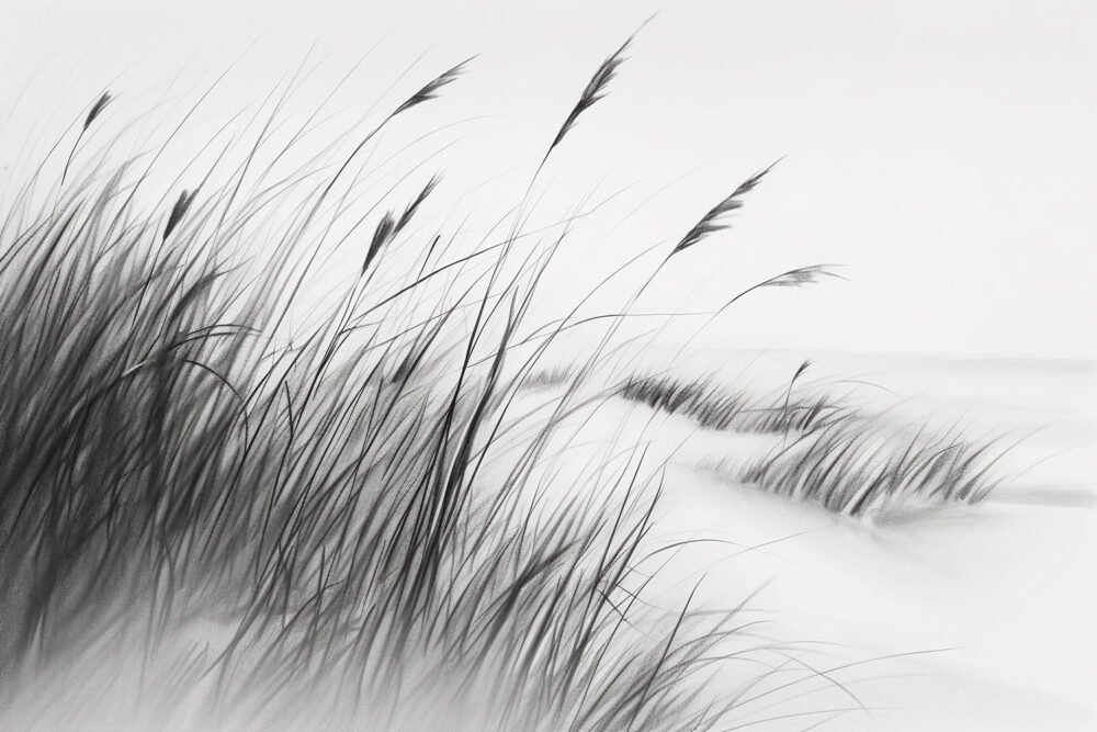 a wall mural of a charcoal sketch of reeds growing on the edge of the beach available from Wallpaper Online Canada
