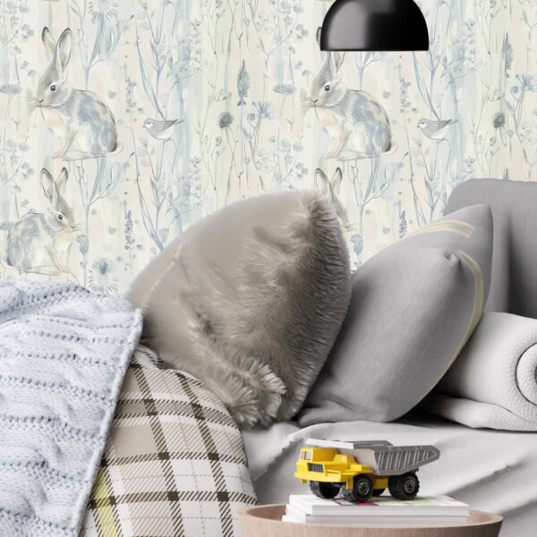 Rabbits, birds & thistles in a soft blue and beige wallpaper from Wallpaper Online Canada