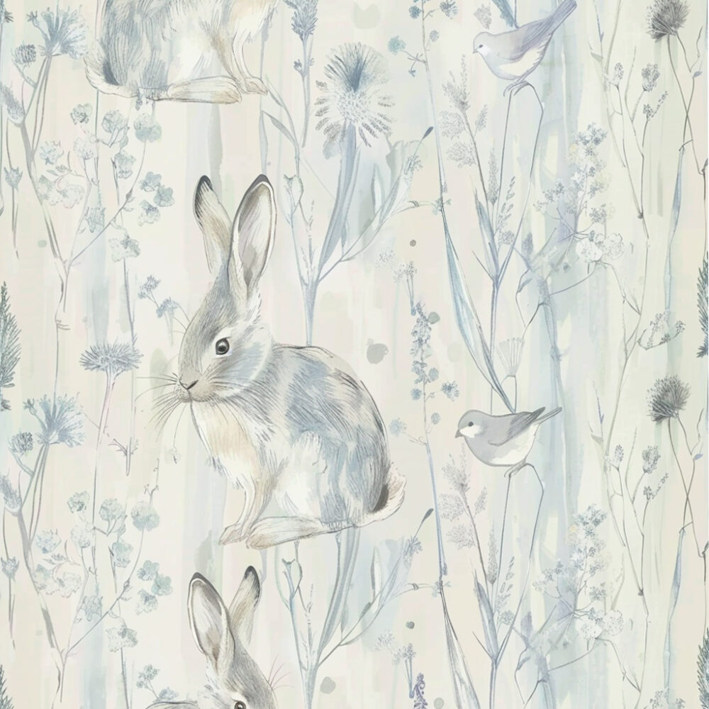 Rabbits, birds & thistles in a soft blue and beige wallpaper from Wallpaper Online Canada