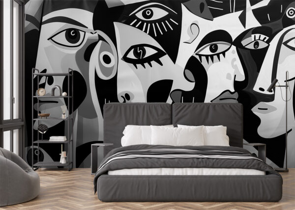 Monochrome geometric faces reminiscent of Picasso peel and stick wall mural exclusively from Wallpaper Online Canada