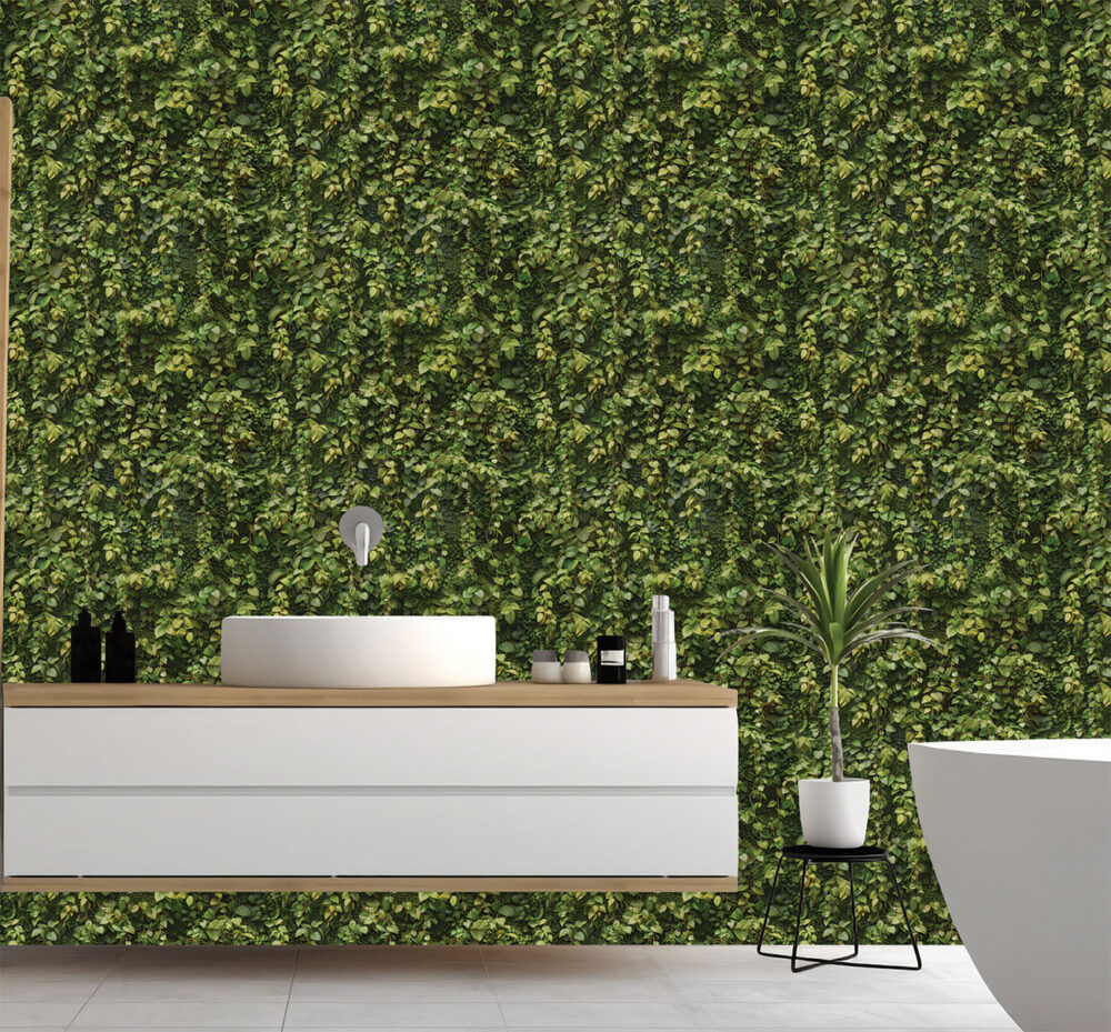 Wallpaper of ultra detailed vine leaves growing out of darkness creating a plant wall effect. Exclusively available from Wallpaper Online Canada