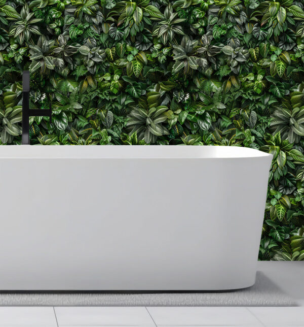 Wallpaper of ultra detailed luscious leaves growing out of darkness creating a plant wall effect. Exclusively available from Wallpaper Online Canada