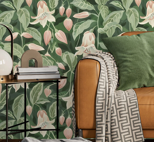 Pink and Green wallpaper pattern of moonflowers available exclusively from wallpaper online Canada