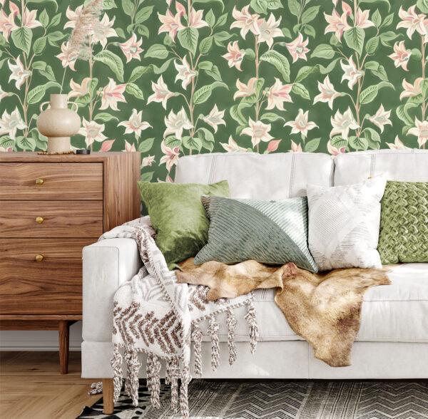 Pink and Green wallpaper pattern of moonflowers available exclusively from wallpaper online Canada