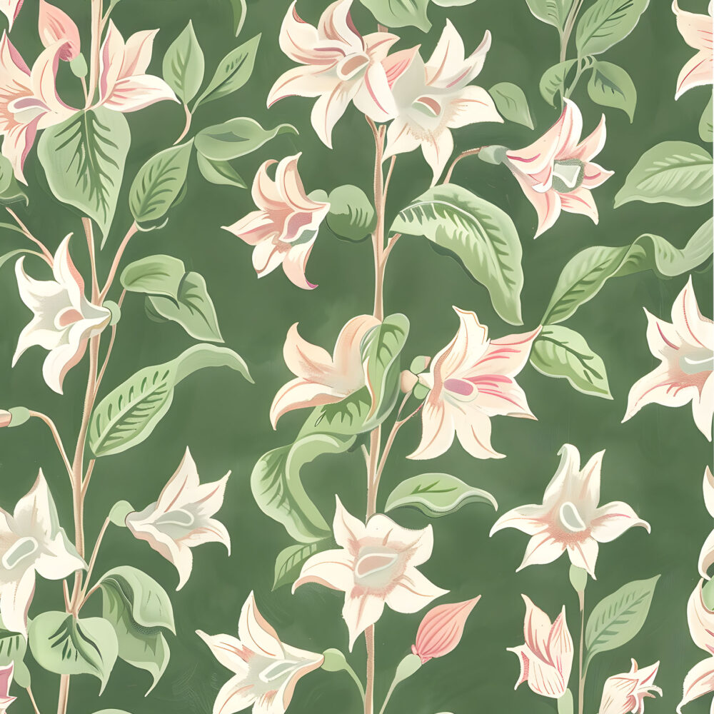 Pink and Green wallpaper pattern of moonflowers available exclusively from wallpaper online Canada
