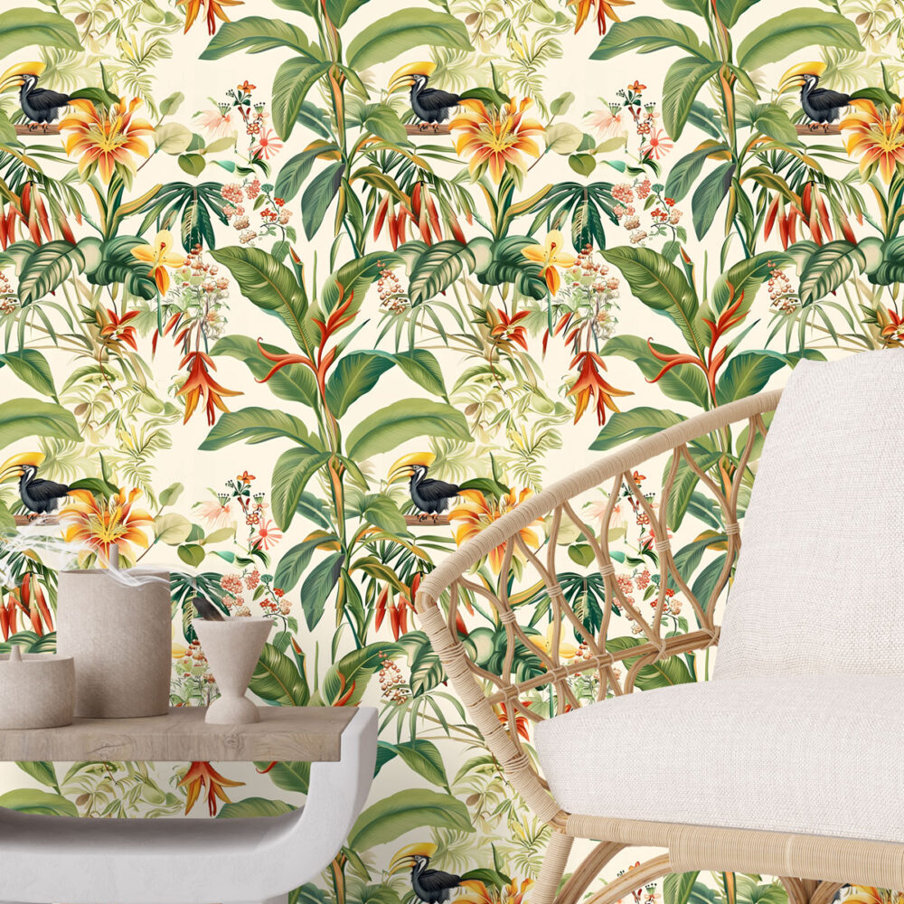 Tropical summer palms wallpaper in creams with hornbills