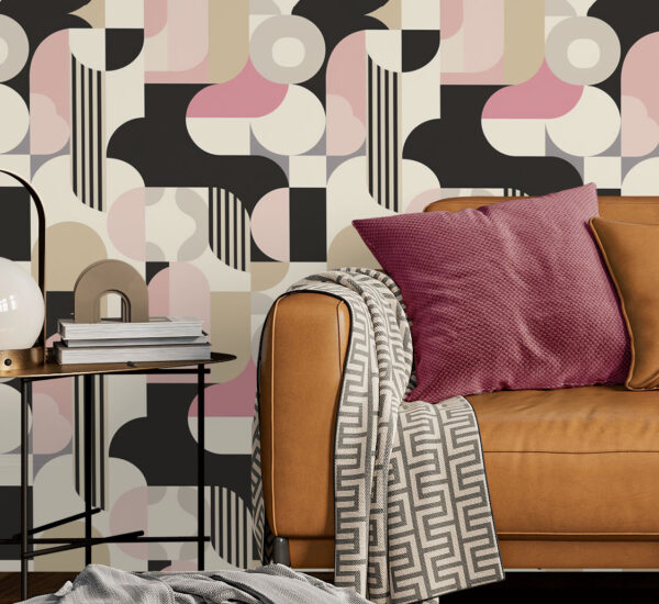 Pink black and beige geometric art deco monochrome wallpaper available exclusively from Wallpaper Online Canada