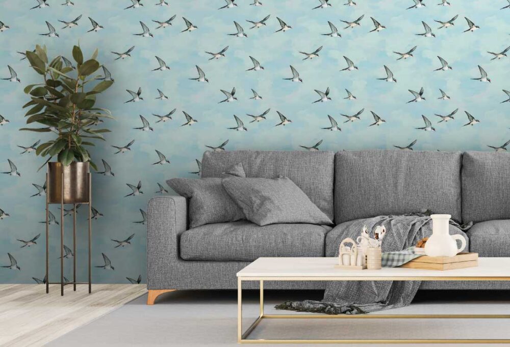 watercolour swallows wallpaper in soft blue