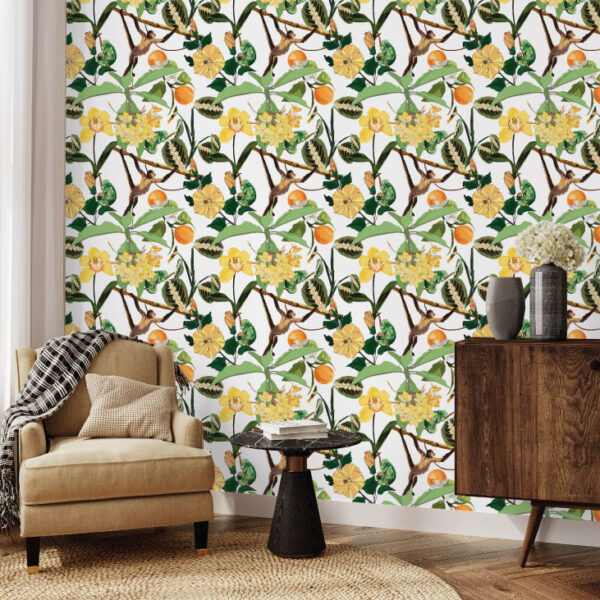 The White Lotus - Orchid Monkeys Wallpaper - This vibrant botanical wallpaper brings the lush energy of a tropical garden