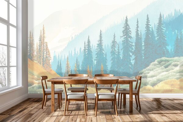 Bring the tranquillity of a misty mountain morning into your space with this layered forest landscape mural.