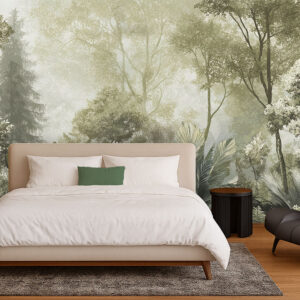 A gentle escape into the subtropics—this forest mural softens your space with misty greens, palms, and quiet calm.