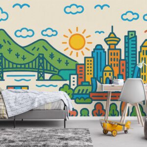 Wallpaper Online, Proudly Made in Canada | High quality wallpapers and murals | Peel & Stick Wallpaper Online | Proudly Made in Canada A cheerful doodle-style mural of Vancouver, bursting with colour and character — featuring the city’s iconic skyline, mountains, and Lions Gate Bridge in a playful, hand-drawn design perfect for kids’ spaces.