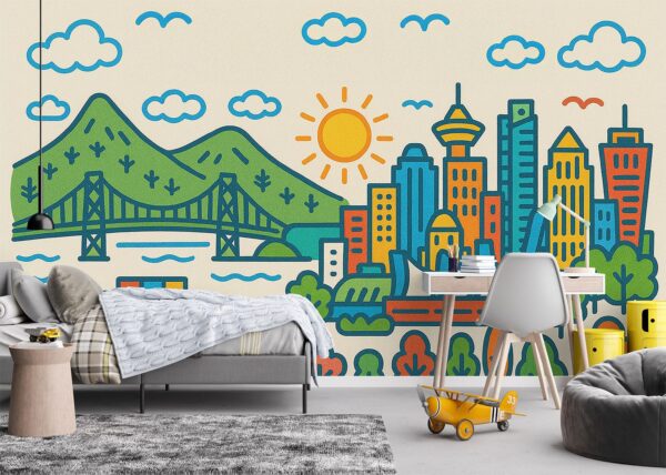 A cheerful doodle-style mural of Vancouver, bursting with colour and character — featuring the city’s iconic skyline, mountains, and Lions Gate Bridge in a playful, hand-drawn design perfect for kids’ spaces.