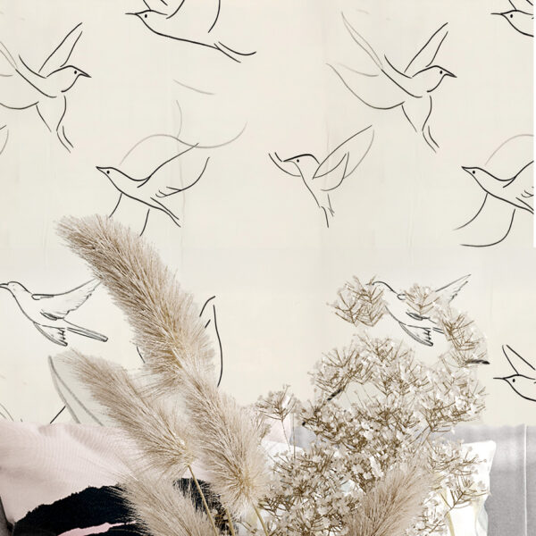 Elegant charcoal bird sketch mural on peel and stick, waterproof wallpaper—perfect for serene, modern spaces and renter-friendly interiors.