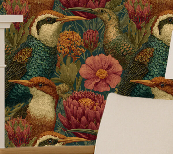 Vibrant and whimsical, this sunfisher and protea mural brings a richly layered burst of nature into your space—wild, warm, and wonderfully bold.