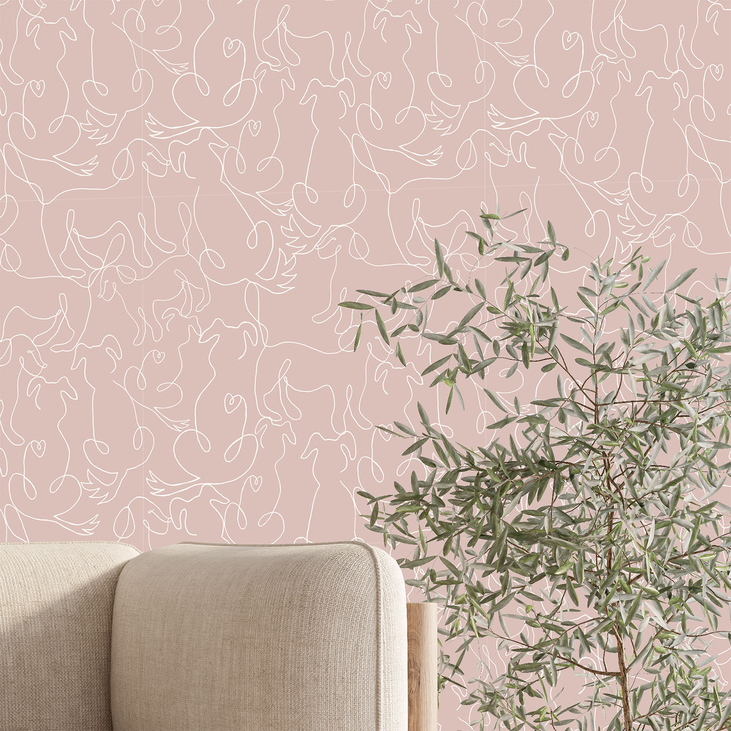 A Dog’s Love – Pink by Canadian artist Sabina Maria is a playful yet refined celebration of canine companionship. Rendered in a continuous white line that flows effortlessly across a soft blush pink background, each dog figure is full of movement, personality, and charm.