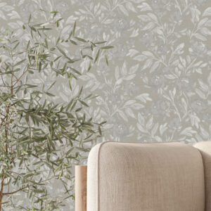 Charlotte's Climbing Roses" Wallpaper by Sabina Maria Charlotte’s Climbing Roses by Canadian artist Sabina Maria is a soft and sophisticated take on classic florals, featuring hand-painted ivory roses and leafy vines that gently meander across a warm greige linen-textured background.