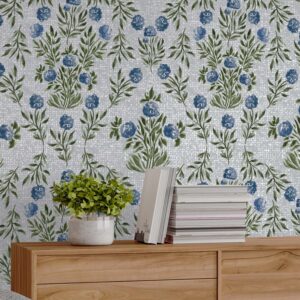 Darling Blue Hydrangeas by Canadian artist Sabina Maria is a charming fusion of painterly elegance and vintage whimsy. Featuring clusters of delicate blue hydrangeas framed by leafy green sprigs, the pattern is hand-rendered in a loose watercolour style and layered over a soft, textured light grey background that evokes the feel of woven fabric.