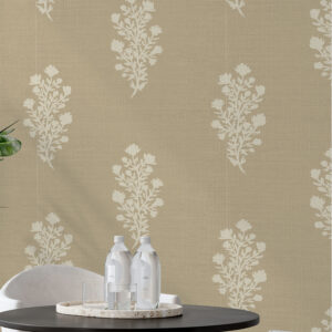 Julieta Floral Block – Subtle Beige by Canadian artist Sabina Maria offers a timeless, understated take on rustic floral elegance. Creamy botanical sprigs are arranged in a gentle vertical repeat across a warm, woven-look beige background, evoking the feel of hand-stamped linen.