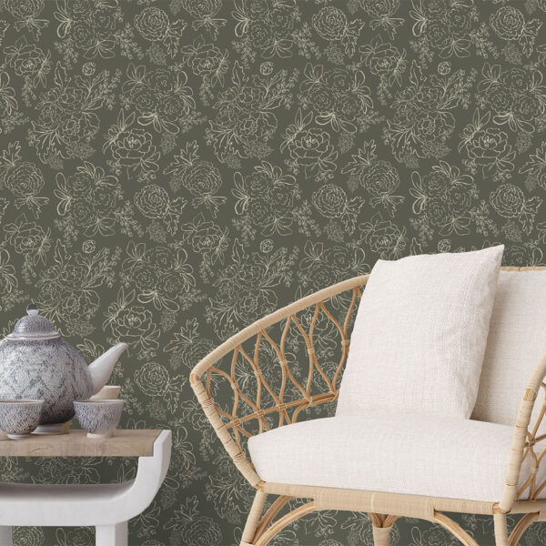Close-up of Blaire Wallpaper in Forest Green, a contemporary botanical design printed in Canada