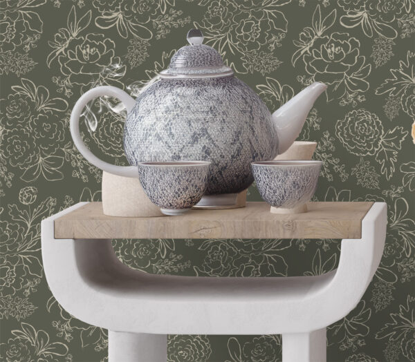 "Blaire" Wallpaper by Sabina Maria Created by Canadian artist Sabina Maria, Blaire is a sophisticated floral wallpaper featuring delicate line-drawn blooms set against a rich forest green backdrop.