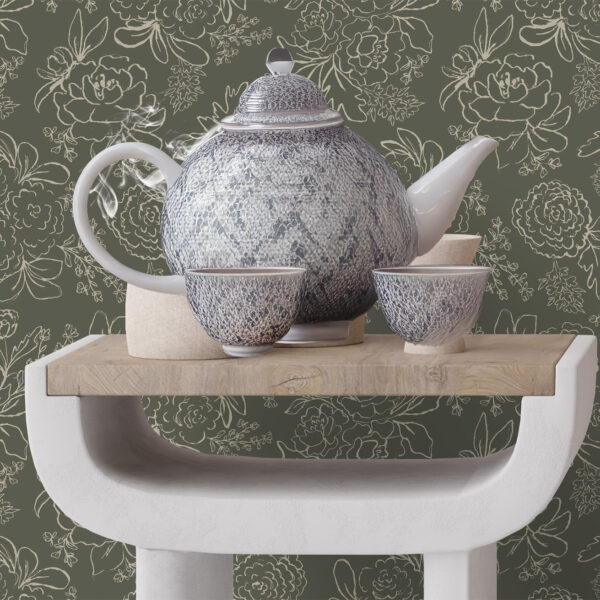 "Blaire" Wallpaper by Sabina Maria Created by Canadian artist Sabina Maria, Blaire is a sophisticated floral wallpaper featuring delicate line-drawn blooms set against a rich forest green backdrop.