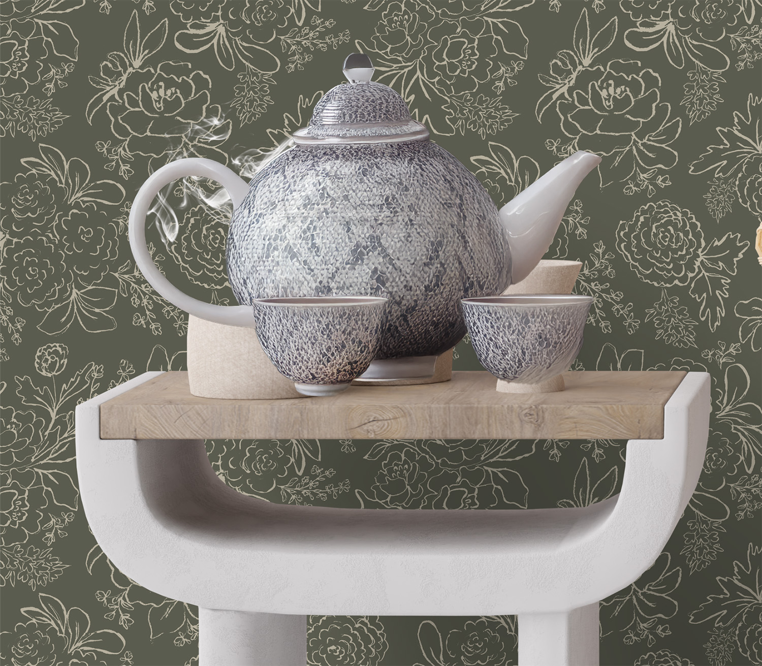 "Blaire" Wallpaper by Sabina Maria Created by Canadian artist Sabina Maria, Blaire is a sophisticated floral wallpaper featuring delicate line-drawn blooms set against a rich forest green backdrop.